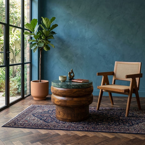 PRITI Mango Wood Side Table with Green Marble