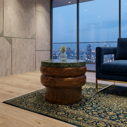 PRITI Mango Wood Side Table with Green Marble