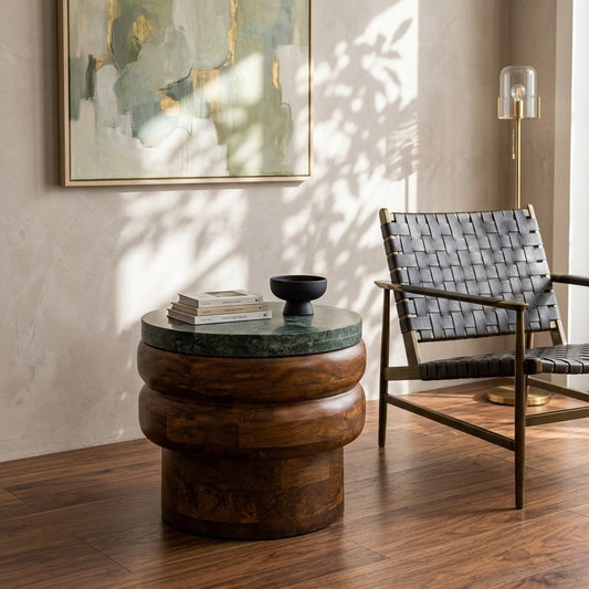 PRITI Mango Wood Side Table with Green Marble