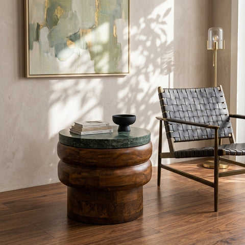 PRITI Mango Wood Side Table with Green Marble