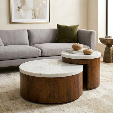 PRITI Mango Wood Coffee Table Set of 2 with  Banswara Marble