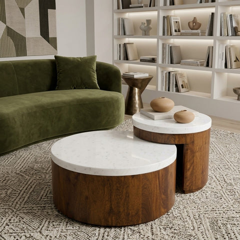PRITI Mango Wood Coffee Table Set of 2 with  Banswara Marble