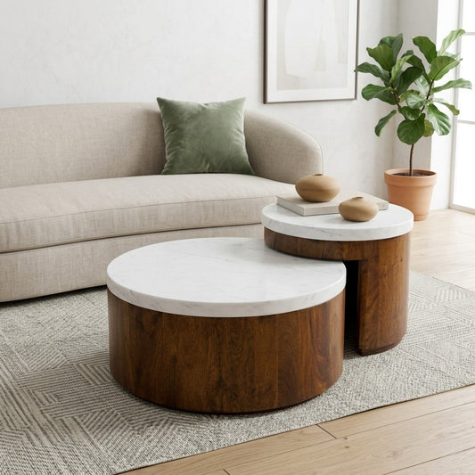 PRITI Mango Wood Coffee Table Set of 2 with  Banswara Marble