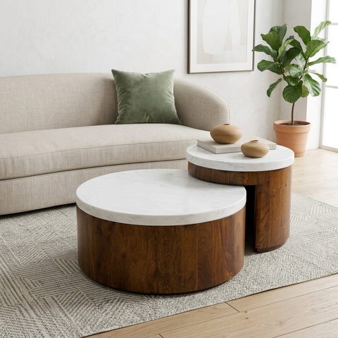 PRITI Mango Wood Coffee Table Set of 2 with  Banswara Marble