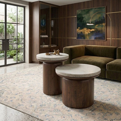 PRITI Basnwara Marble Round Coffee Table with Wood Base Set of 2