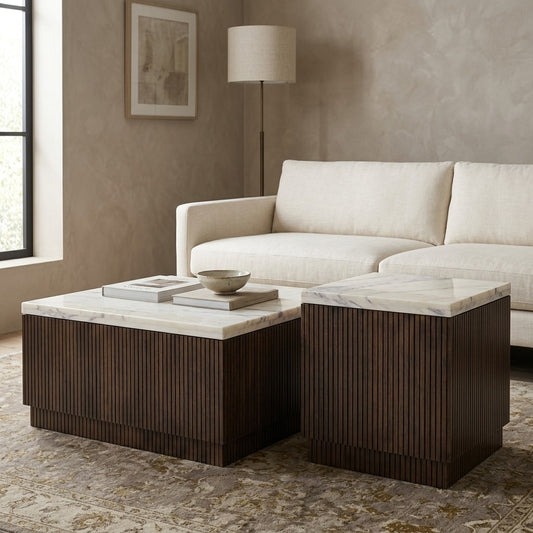 PRITI Basnwara Marble Square Coffee Table with Wood Base Set of 2