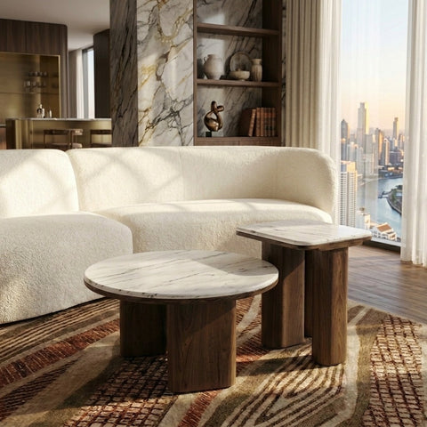 PRITI White Marble Top Wooden Coffee Table Set of 2