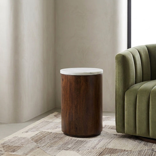 PRITI Mango Wood Side Table with Basnwara Marble