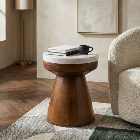 PRITI Mango Wood Side Table with Basnwara Marble