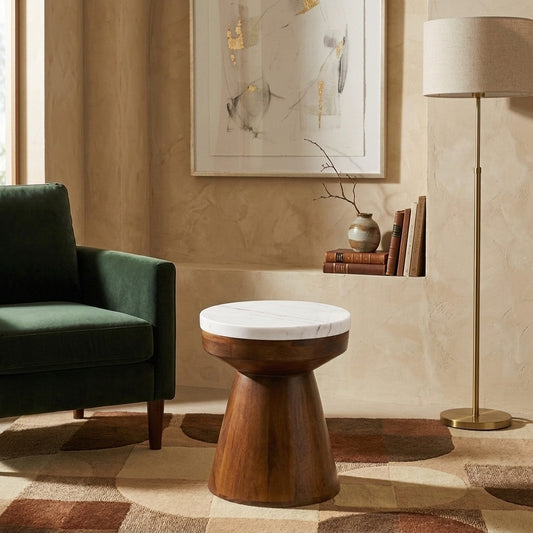 PRITI Mango Wood Side Table with Basnwara Marble
