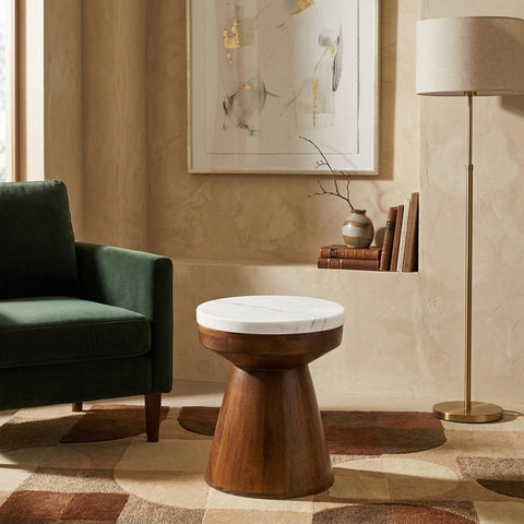 PRITI Mango Wood Side Table with Basnwara Marble