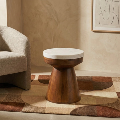 PRITI Mango Wood Side Table with Basnwara Marble