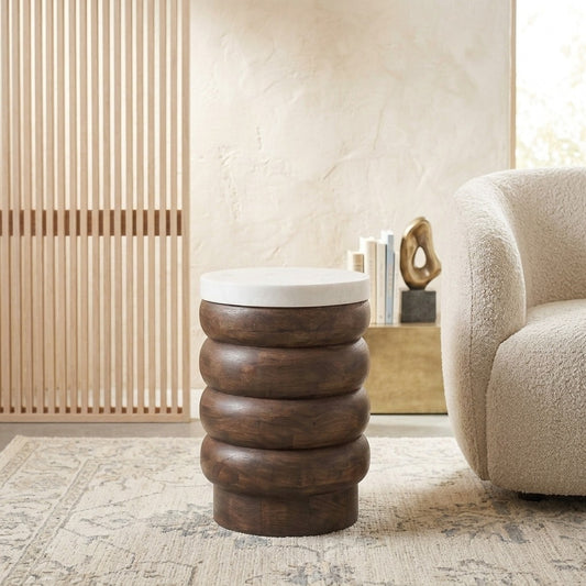 PRITI Mango Wood Side Table with Basnwara Marble
