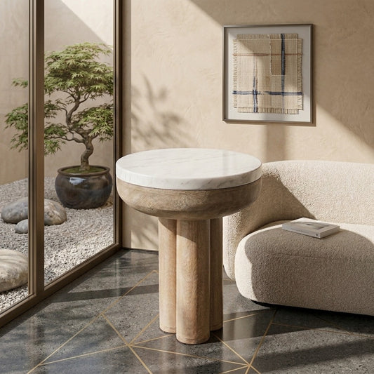 PRITI Mango Wood Side Table with Basnwara Marble