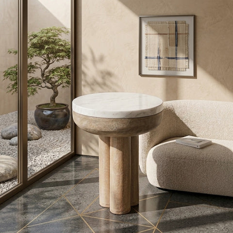 PRITI Mango Wood Side Table with Basnwara Marble