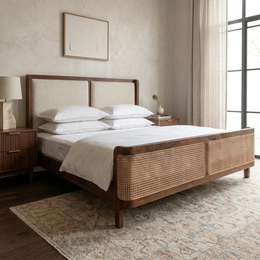 PRITI Rattan Solid Wood Bed - All Sizes