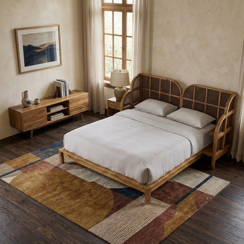 PRITI Rattan Solid Wood Bed With Sidetables – All Sizes