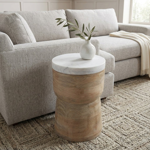 PRITI Mango Wood Side Table with Basnwara Marble