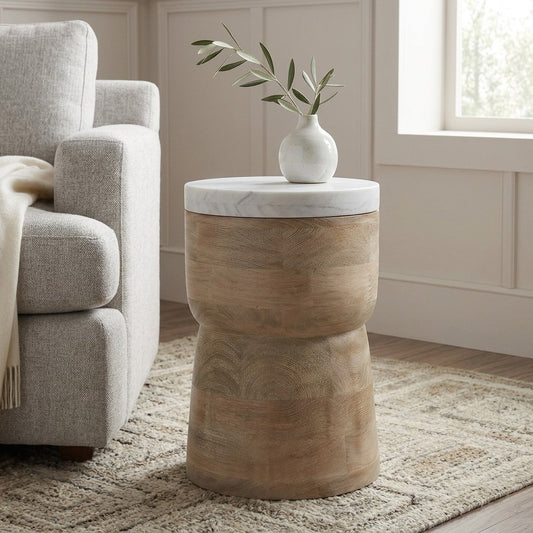 PRITI Mango Wood Side Table with Basnwara Marble