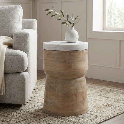 PRITI Mango Wood Side Table with Basnwara Marble