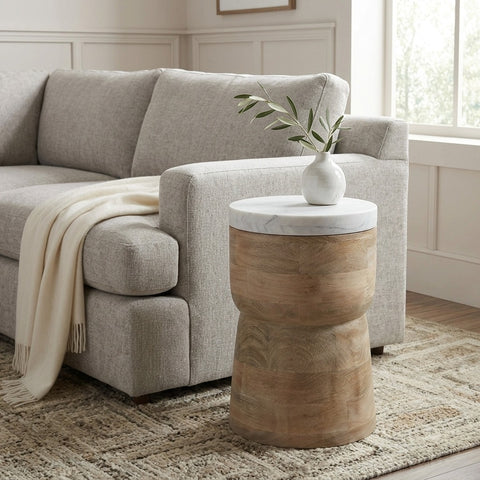 PRITI Mango Wood Side Table with Basnwara Marble