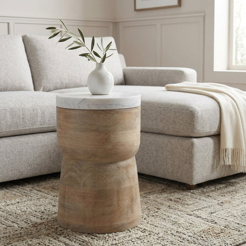 PRITI Mango Wood Side Table with Basnwara Marble