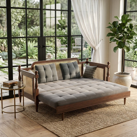 PRITI Daybed with Cane Panels and Turned Posts