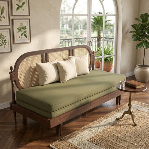 PRITI Elegant Cane-Style Day Bed with Extended Lounging Backrest