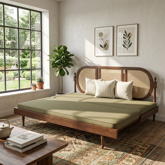 PRITI Elegant Cane-Style Day Bed with Extended Lounging Backrest