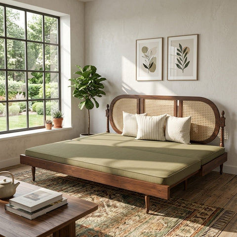 PRITI Elegant Cane-Style Day Bed with Extended Lounging Backrest