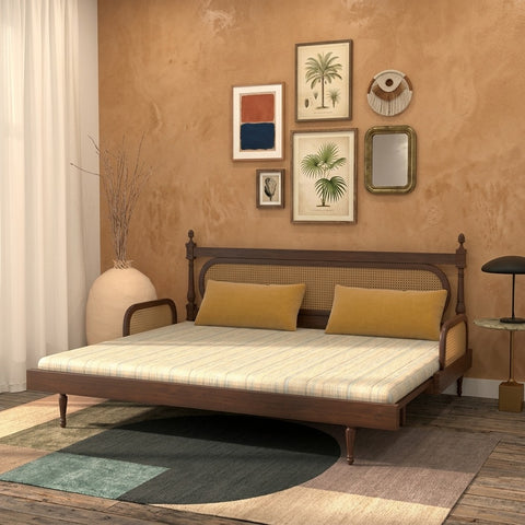 PRITI Elegant Cane-Style Day Bed with Cushioned Backrest for Indian Homes