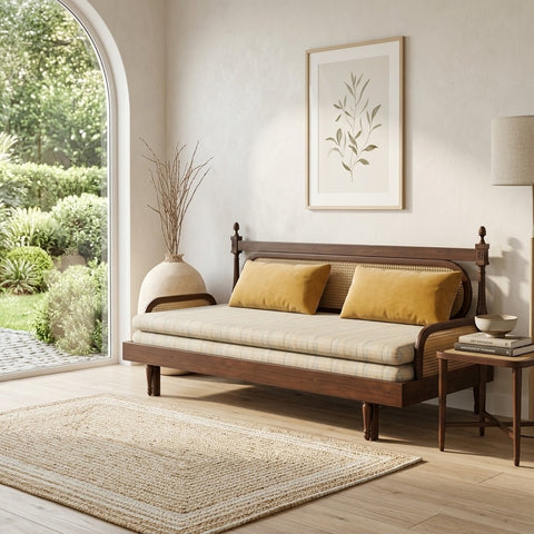 PRITI Elegant Cane-Style Day Bed with Cushioned Backrest for Indian Homes