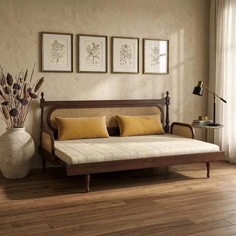 PRITI Elegant Cane-Style Day Bed with Cushioned Backrest for Indian Homes
