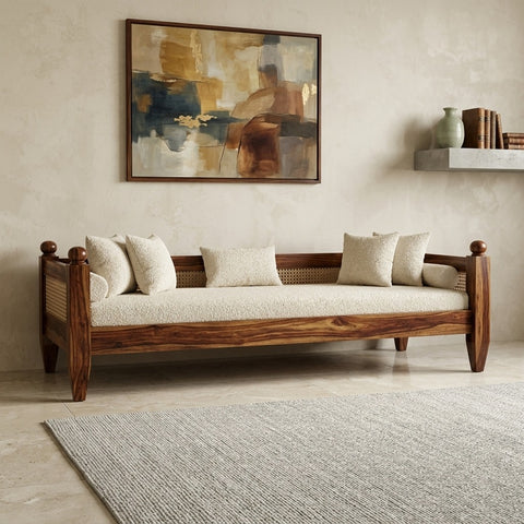 PRITI Solid Wood Scane Daybed with Handcrafted Cane Backrest