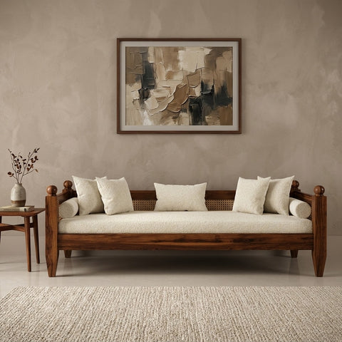 PRITI Solid Wood Scane Daybed with Handcrafted Cane Backrest