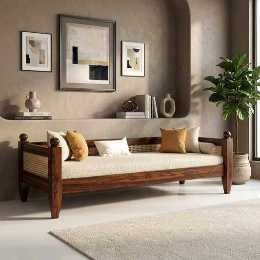 PRITI Solid Wood Scane Daybed with Handcrafted Cane Backrest