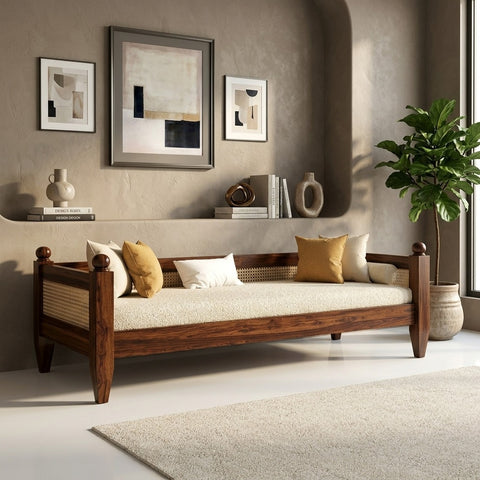 PRITI Solid Wood Scane Daybed with Handcrafted Cane Backrest