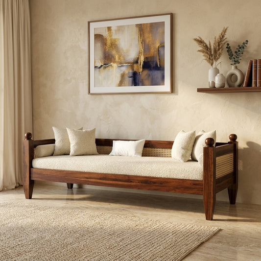 PRITI Solid Wood Scane Daybed with Handcrafted Cane Backrest