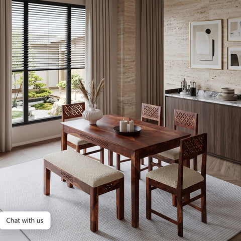 PRITI Solid Wood Dining Table 6 Seater Set with Bench