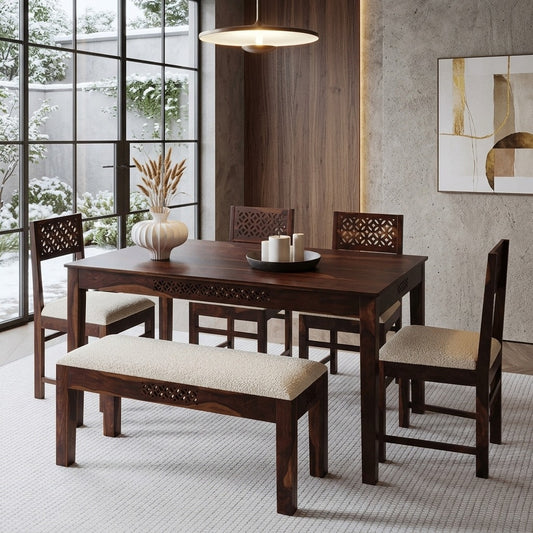 PRITI Solid Wood Dining Table 6 Seater Set with Bench