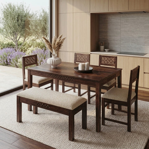 PRITI Solid Wood Dining Table 6 Seater Set with Bench
