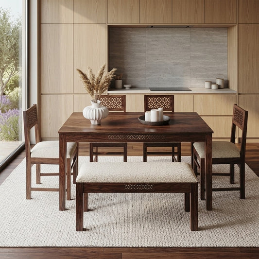 PRITI Solid Wood Dining Table 6 Seater Set with Bench