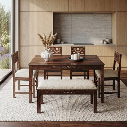 PRITI Solid Wood Dining Table 6 Seater Set with Bench