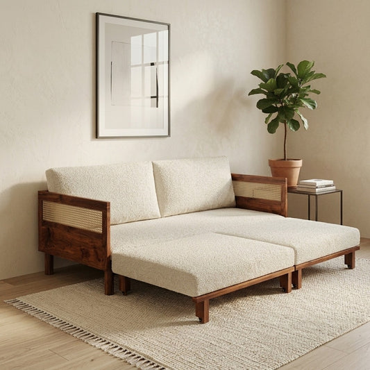 PRITI 3 Seater Solid Wood Rattan Sofa Bed and L Shape Lounger - 82.6