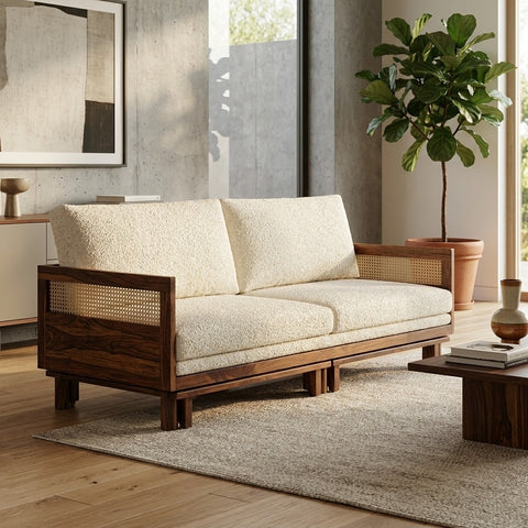 PRITI 3 Seater Solid Wood Rattan Sofa Bed and L Shape Lounger - 82.6