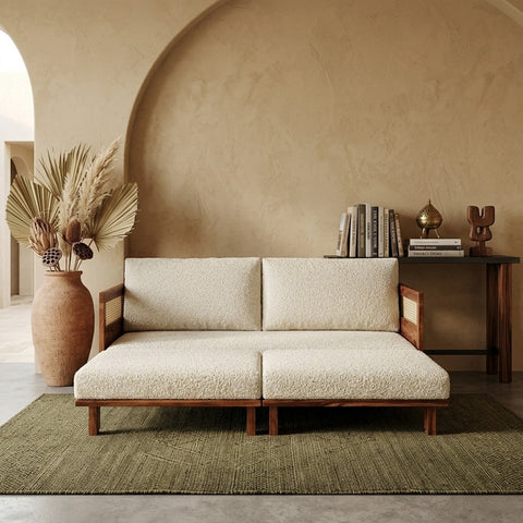 PRITI 3 Seater Solid Wood Rattan Sofa Bed and L Shape Lounger - 82.6