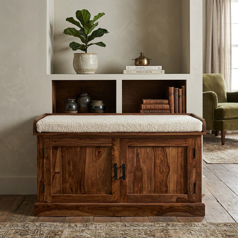 PRITI Sheesham Wood Shoe Rack 2 Doors and 2 Shelves with Seating