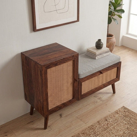 PRITI Woven Rattan Storage Bench with Cushion, Natural