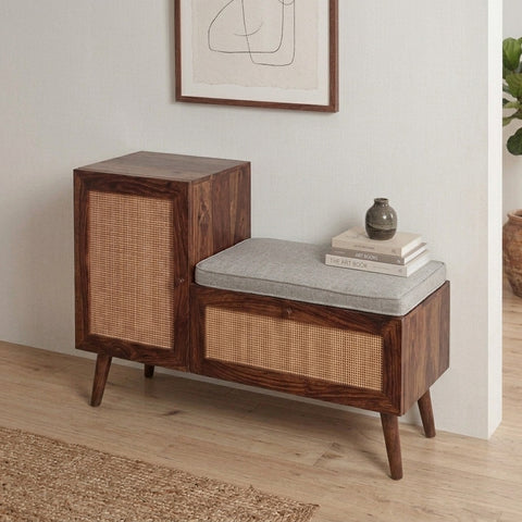 PRITI Woven Rattan Storage Bench with Cushion, Natural