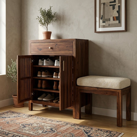 PRITI Solid Wood Sheesham Shoe Rack (Walnut Sheesham Finish)